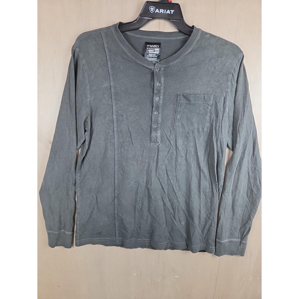 MNRKY Monarchy Mens Medium Henley Shirt Gray Mineral Wash Deconstructed Y2K